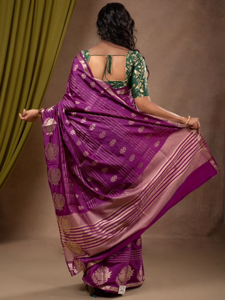 Dupion fancy saree violet color allover weaves & zari border with zari pallu and contrast blouse