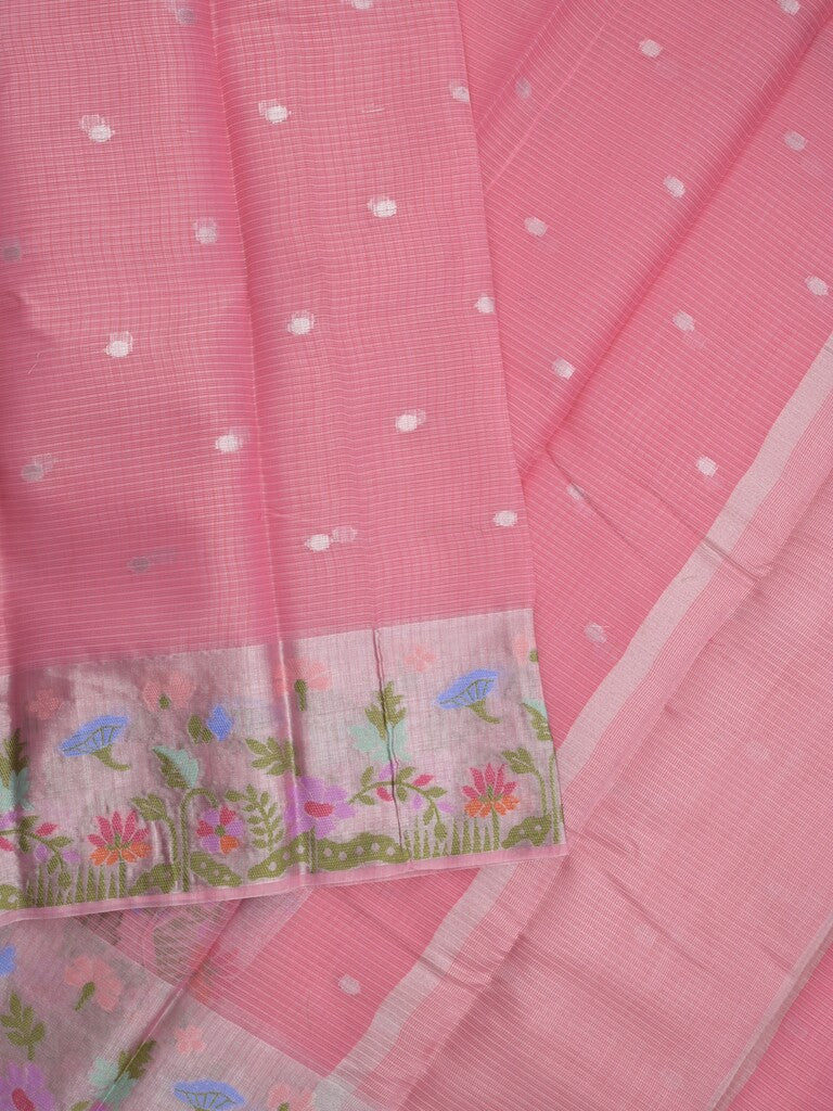Kota fancy sarees in baby pink color allover motifs with zari border and matching blouse