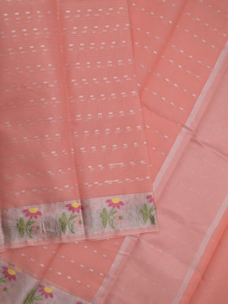 Kota fancy sarees in peach color allover motifs with zari border and matching blouse