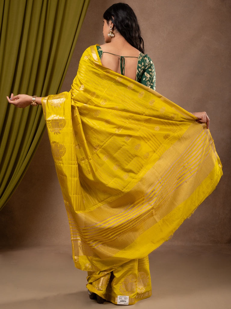 Dupion fancy saree lemon yellow color allover weaves & zari border with zari pallu and contrast blouse