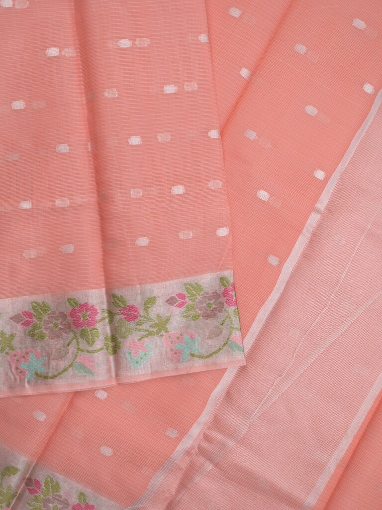 Kota fancy sarees in light peach color allover motifs with zari border and matching blouse