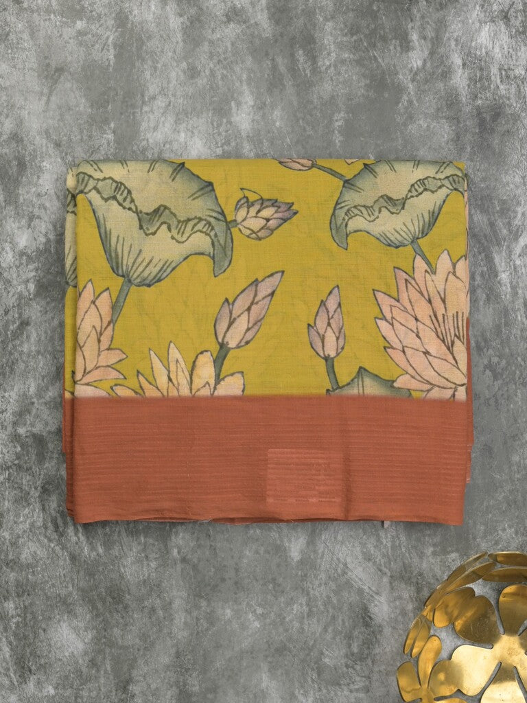 Mangalagiri cotton saree in golden yellow color with contrast pallu and plain blouse