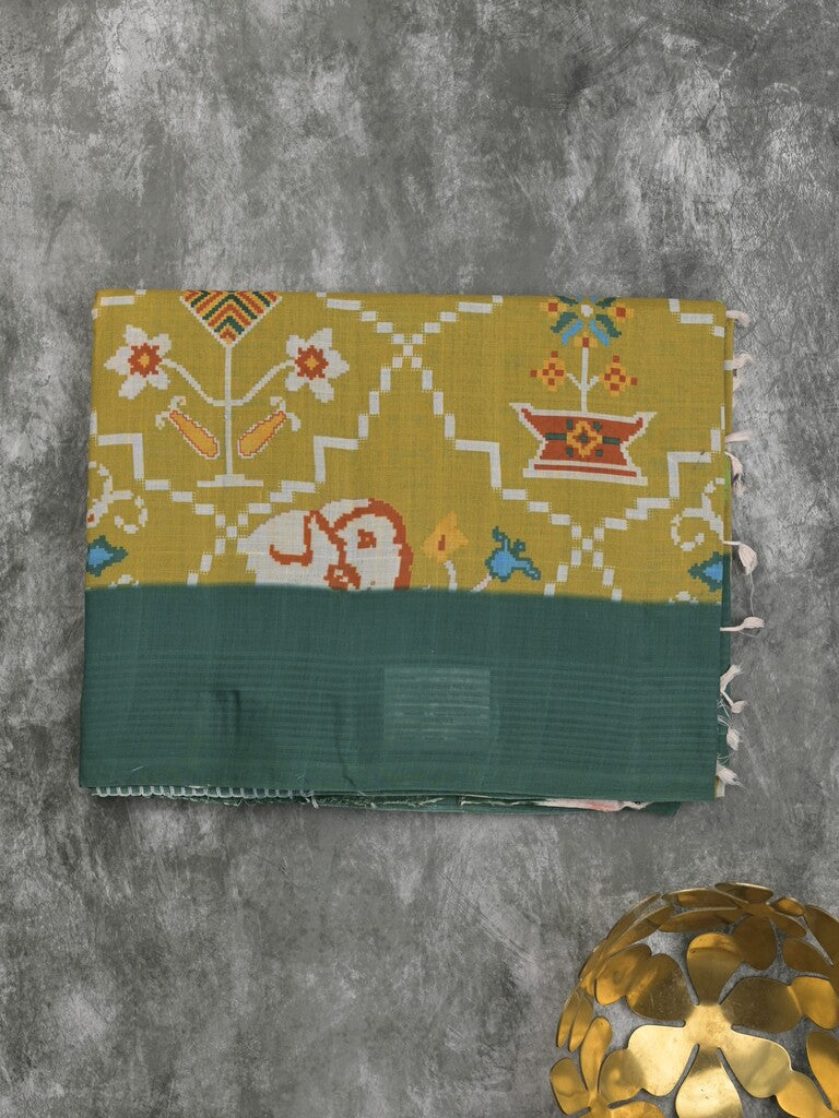 Mangalagiri cotton saree in golden yellow color with contrast pallu and plain blouse