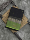 Bengali cotton saree in black color allover motifs with contrast border and stripes pallu