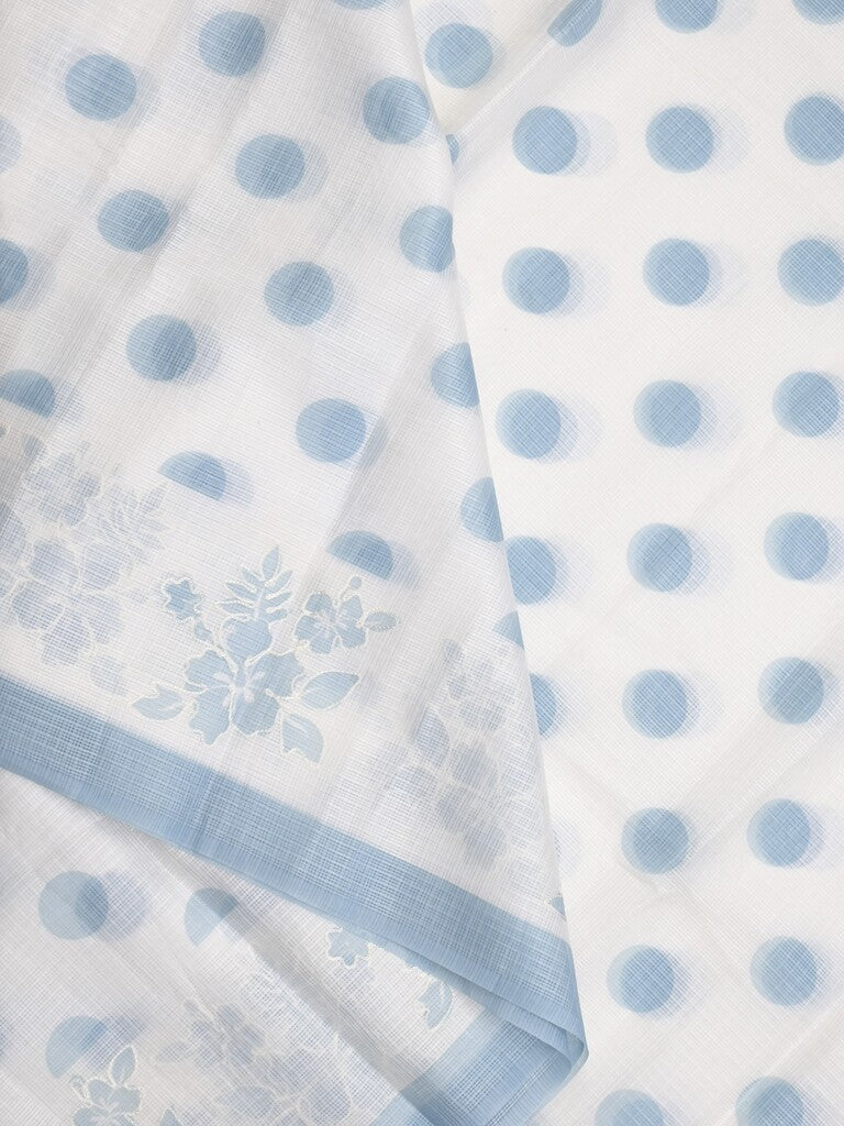 Kota fancy saree in white color allover motifs with running pallu and matching blouse