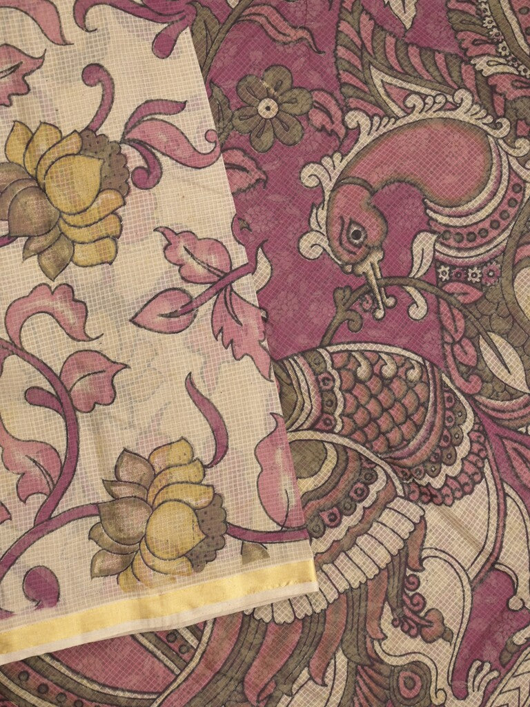 Kota cotton printed saree in cream color with contrast pallu and matching blouse