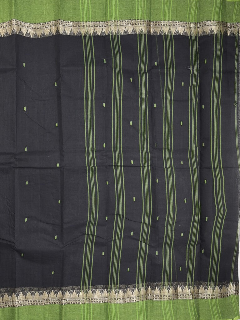 Bengali cotton saree in black color allover motifs with contrast border and stripes pallu