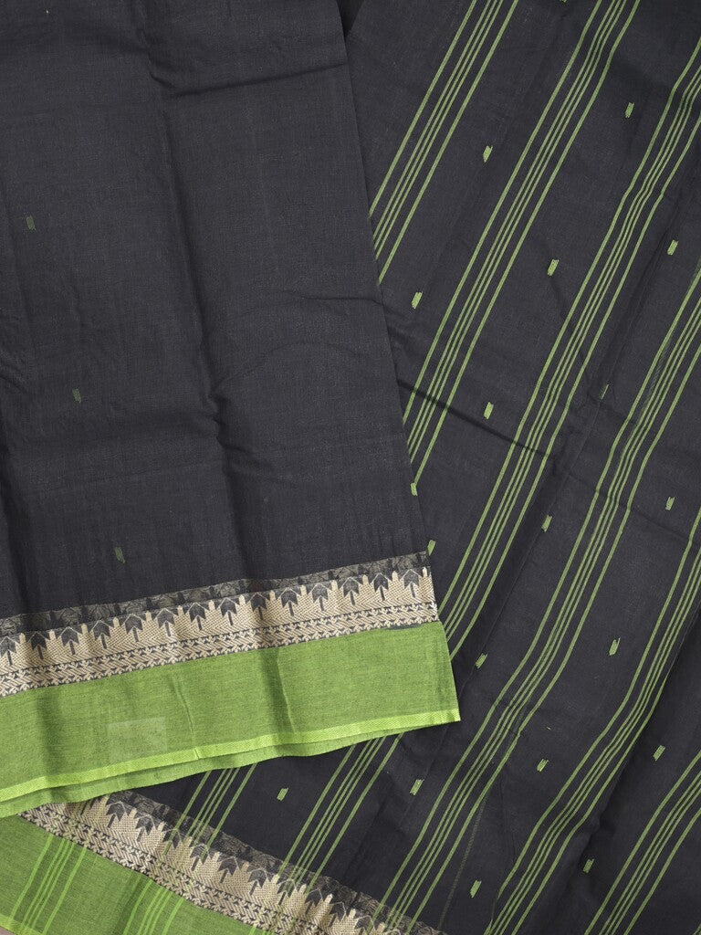 Bengali cotton saree in black color allover motifs with contrast border and stripes pallu