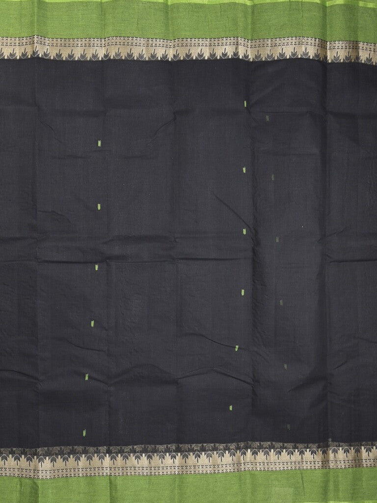 Bengali cotton saree in black color allover motifs with contrast border and stripes pallu