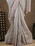 Organza fancy saree light grey color allover work & cutwork border with running pallu and plain blouse