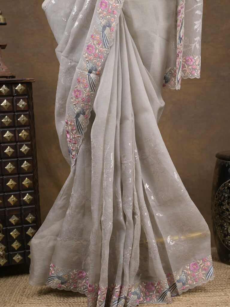 Organza fancy saree light grey color allover work & cutwork border with running pallu and plain blouse