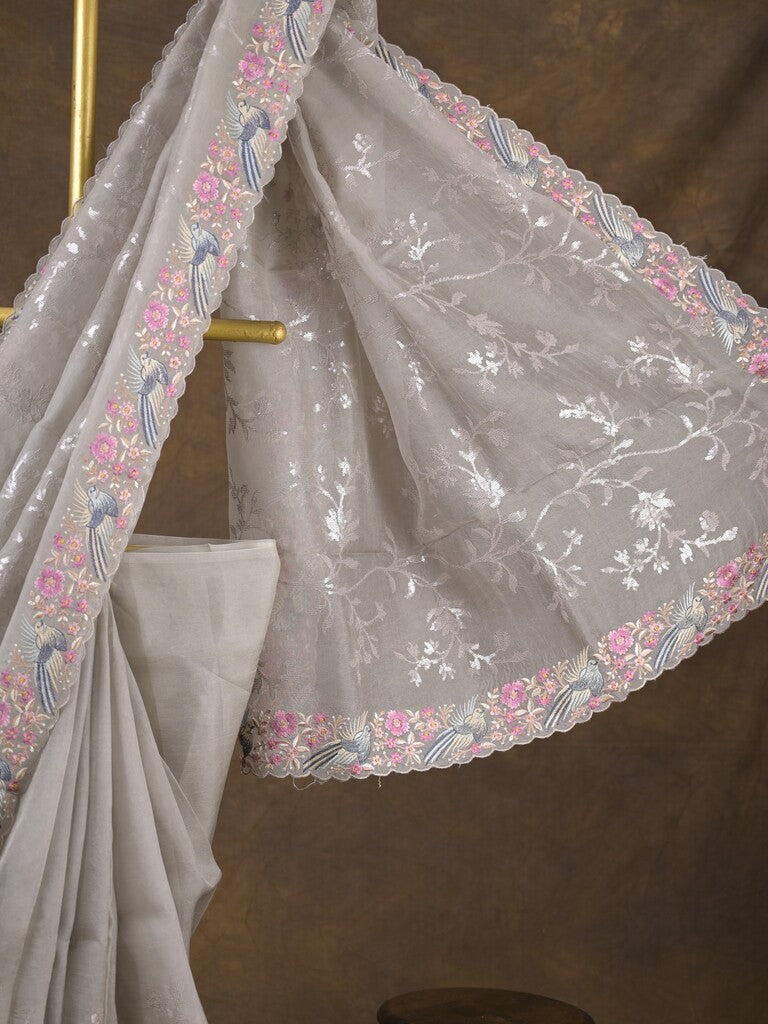 Organza fancy saree light grey color allover work & cutwork border with running pallu and plain blouse