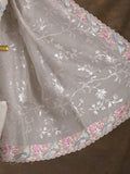 Organza fancy saree light grey color allover work & cutwork border with running pallu and plain blouse