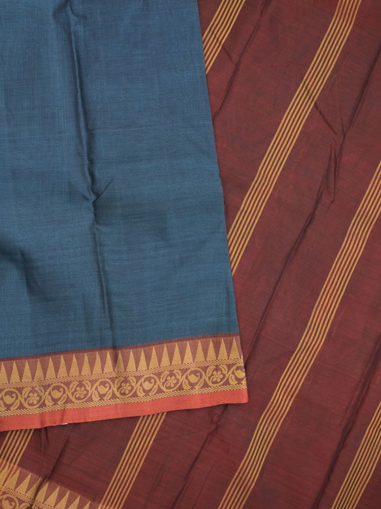Dhaka cotton saree in peacock blue color with contrast pallu and attached blouse