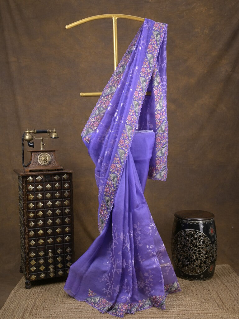 Organza fancy saree dark lavender color allover work & cutwork border with running pallu and plain blouse