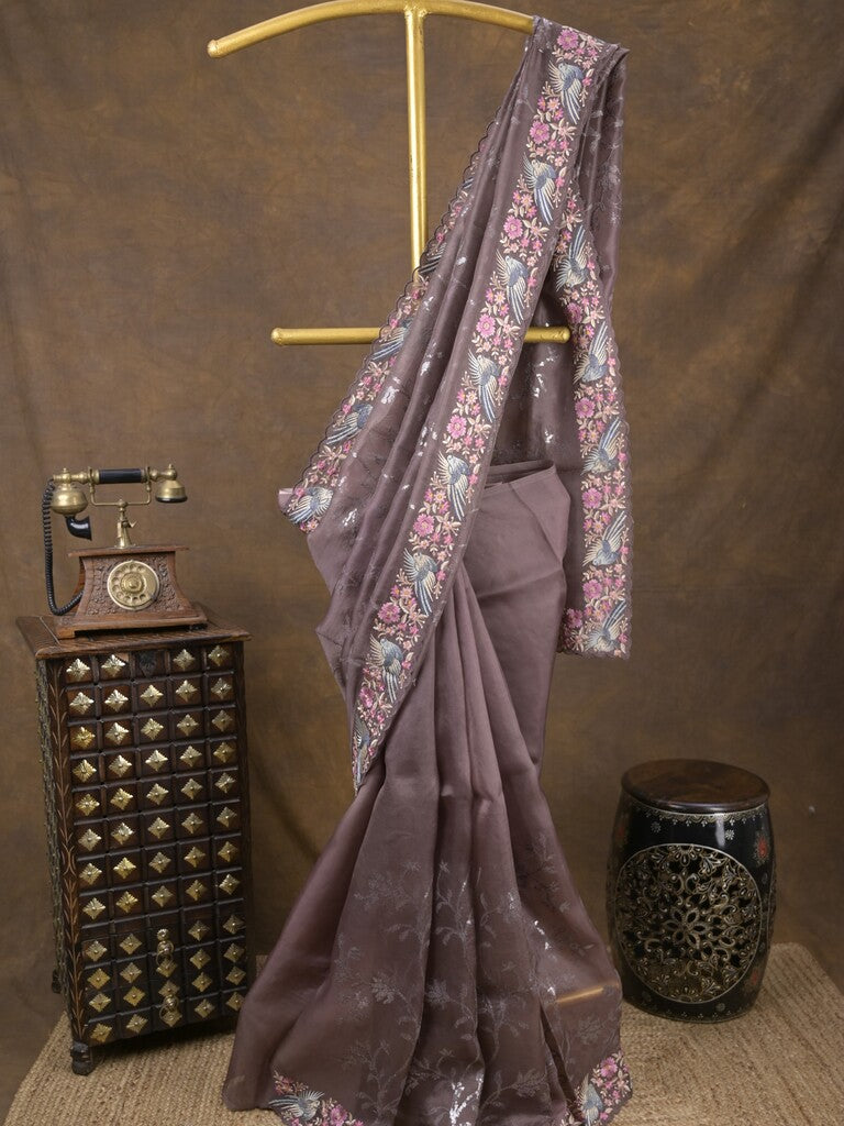 Organza fancy saree dark grey color allover work & cutwork border with running pallu and plain blouse