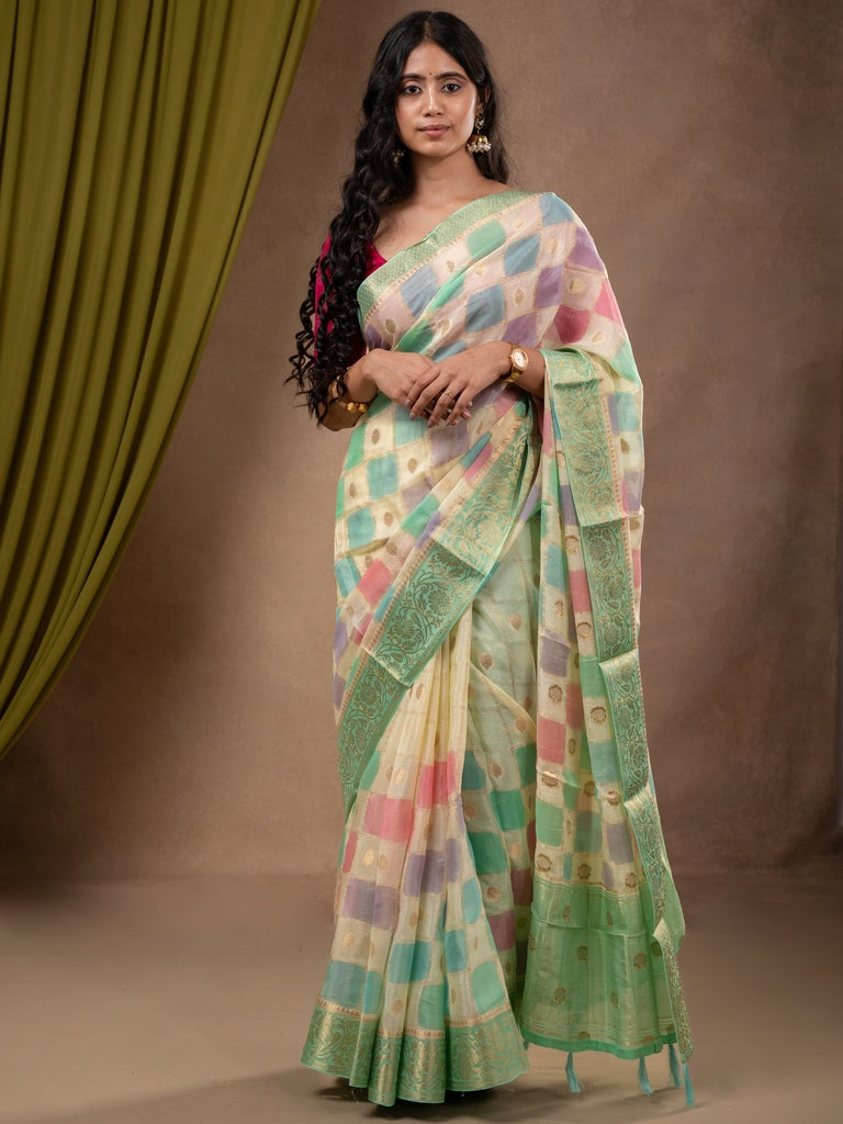 Georgette fancy saree multi color allover checks, motifs & zari border with short pallu and contrast blouse