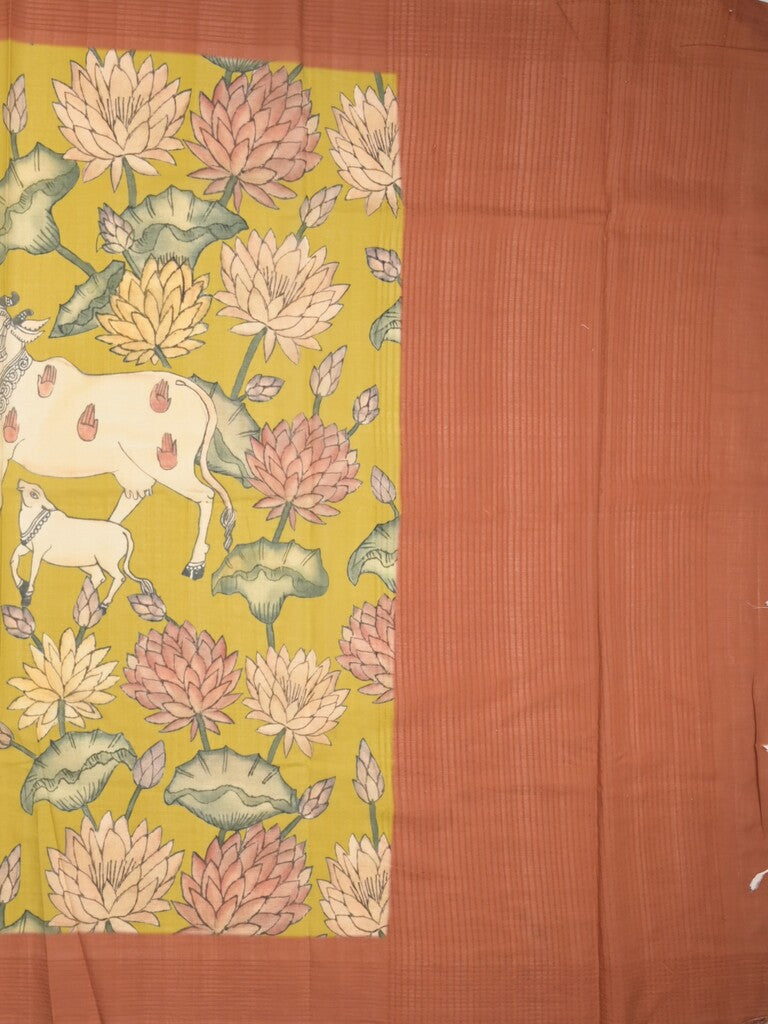 Mangalagiri cotton saree in golden yellow color with contrast pallu and plain blouse