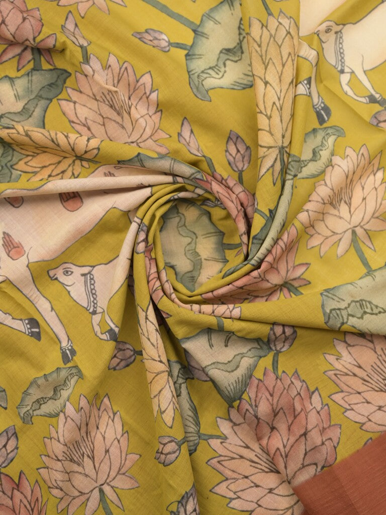 Mangalagiri cotton saree in golden yellow color with contrast pallu and plain blouse