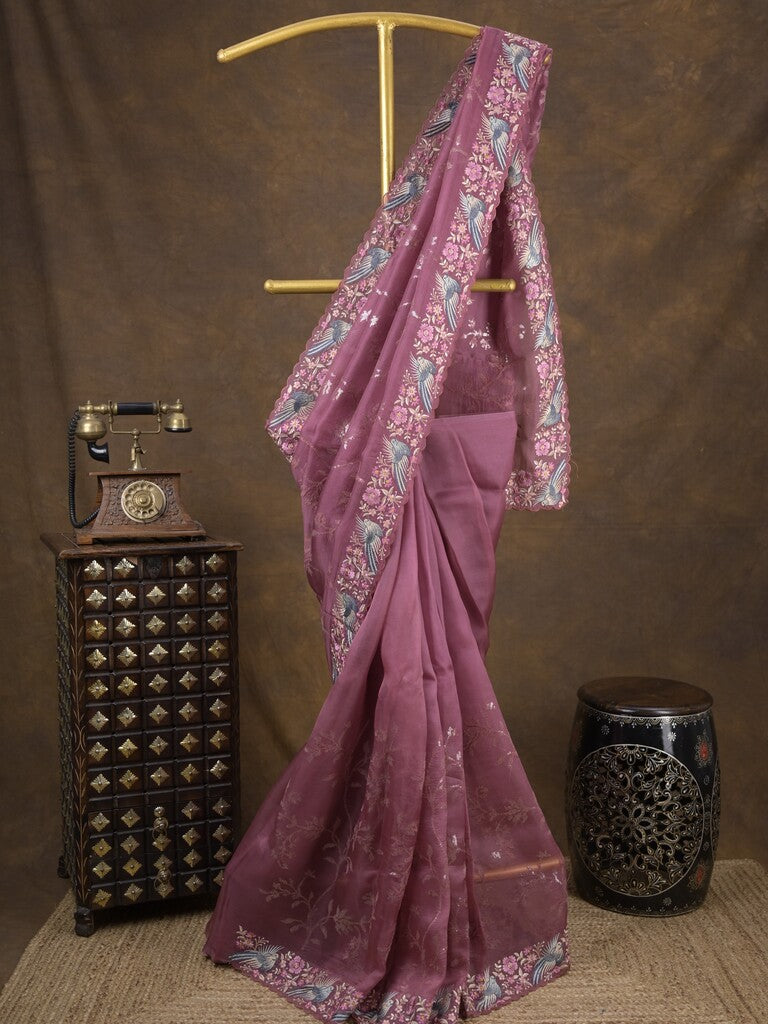 Organza fancy saree purple color allover work & cutwork border with running pallu and plain blouse