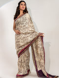 Cream color maheswari silk one minute saree with allover prints & zari border with contrast blouse