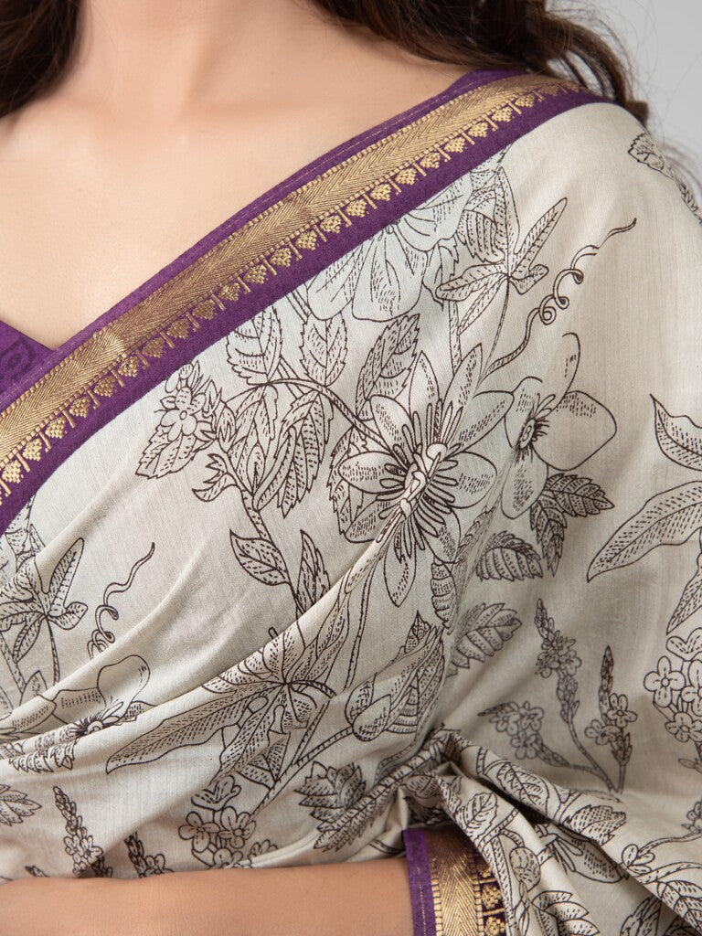 Cream color maheswari silk one minute saree with allover prints & zari border with contrast blouse