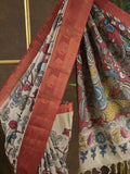 Pen kalamkari pattu cream color floral painted saree with contrast zari border and printed pallu & attached blouse