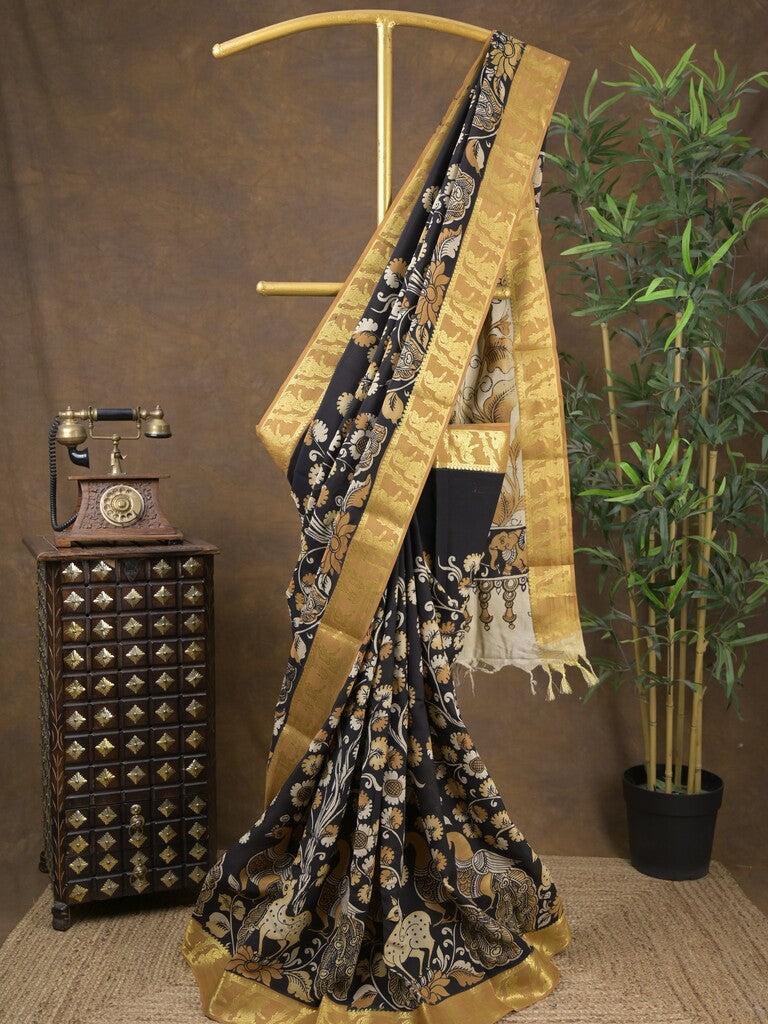 Pen kalamkari pattu black color floral painted saree with contrast zari border and printed pallu & attached blouse