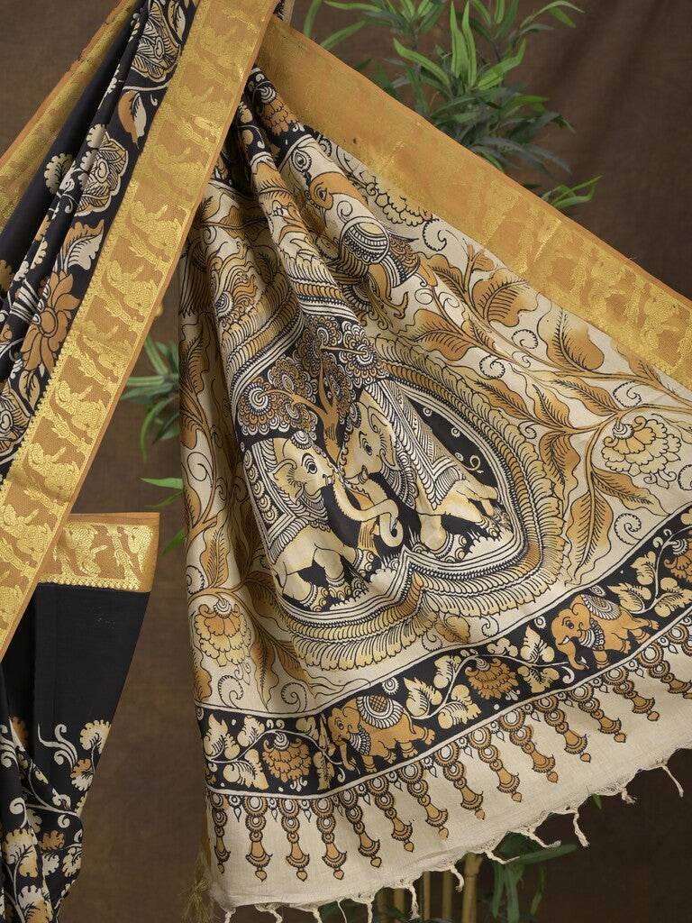Pen kalamkari pattu black color floral painted saree with contrast zari border and printed pallu & attached blouse