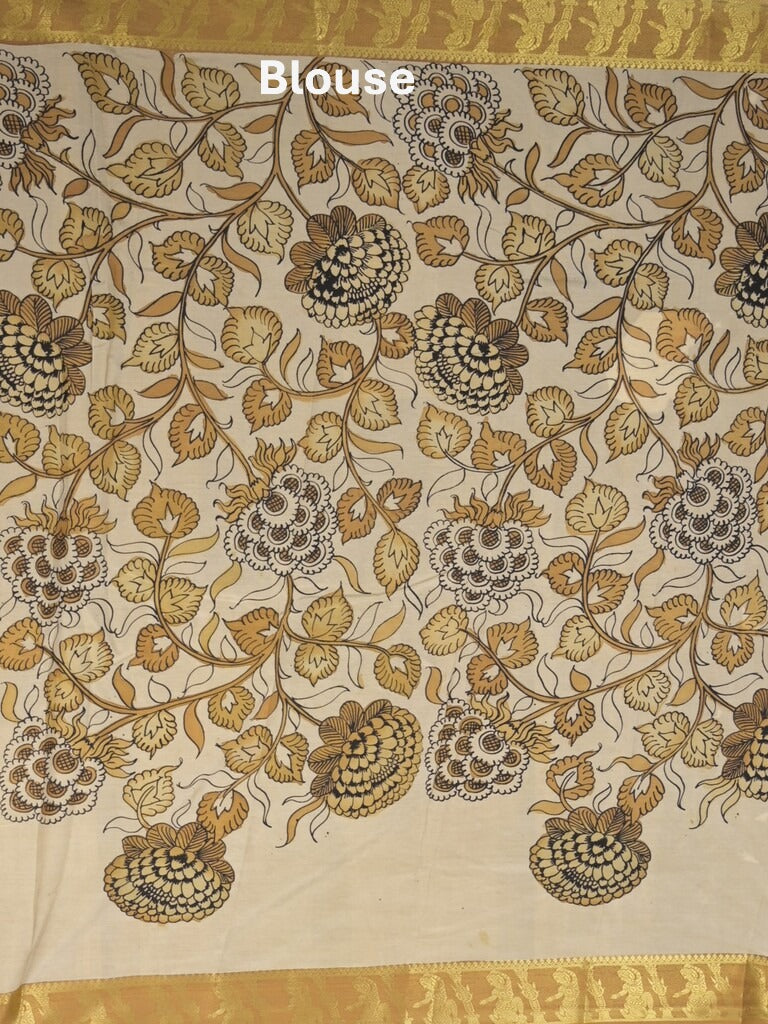 Pen kalamkari pattu black color floral painted saree with contrast zari border and printed pallu & attached blouse