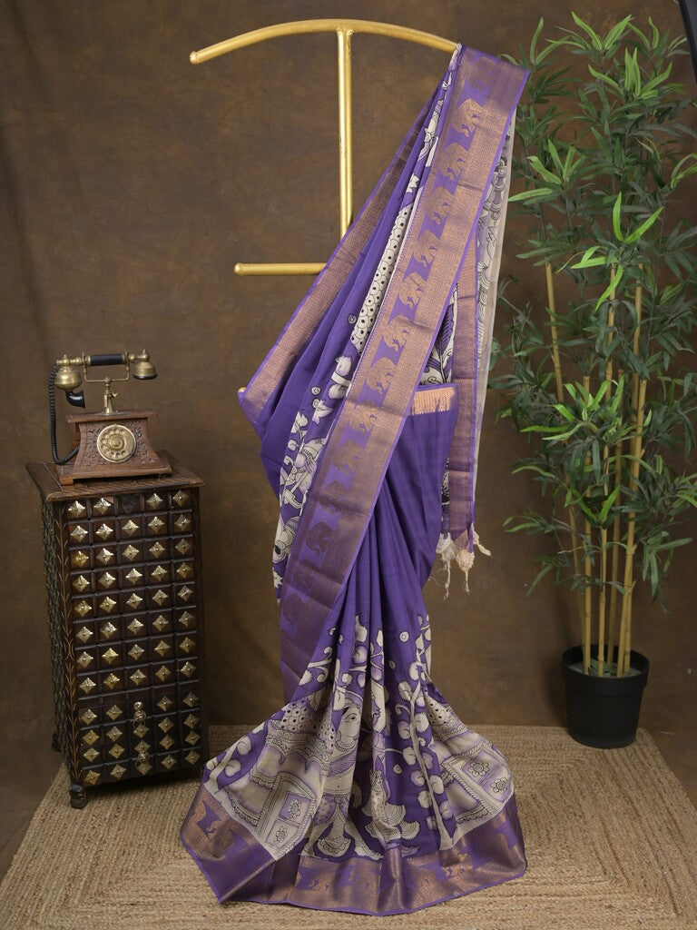 Pen kalamkari pattu navy blue color floral painted saree with contrast zari border and printed pallu & attached blouse