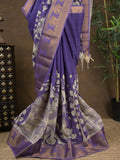 Pen kalamkari pattu navy blue color floral painted saree with contrast zari border and printed pallu & attached blouse
