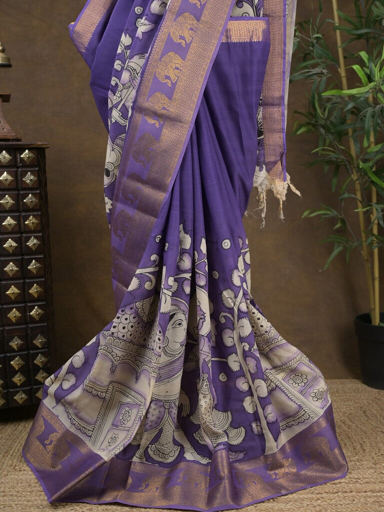 Pen kalamkari pattu navy blue color floral painted saree with contrast zari border and printed pallu & attached blouse