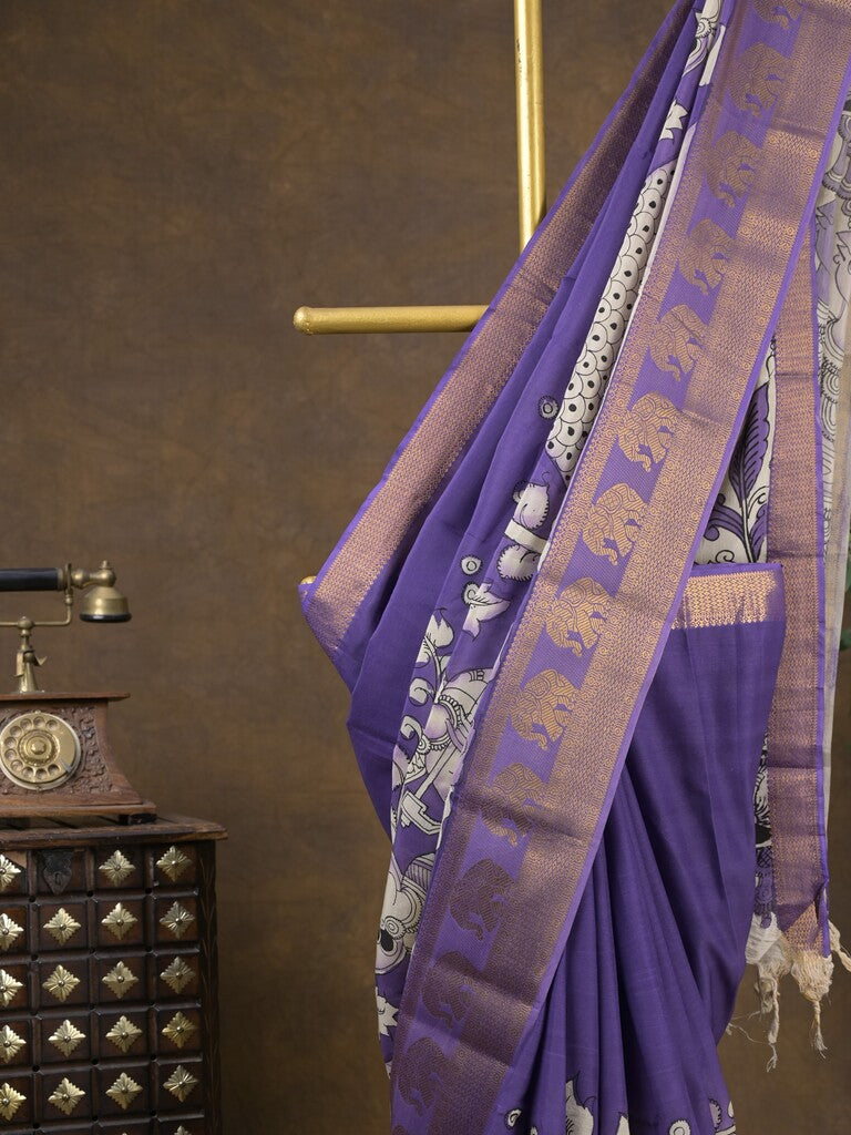 Pen kalamkari pattu navy blue color floral painted saree with contrast zari border and printed pallu & attached blouse