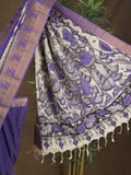 Pen kalamkari pattu navy blue color floral painted saree with contrast zari border and printed pallu & attached blouse
