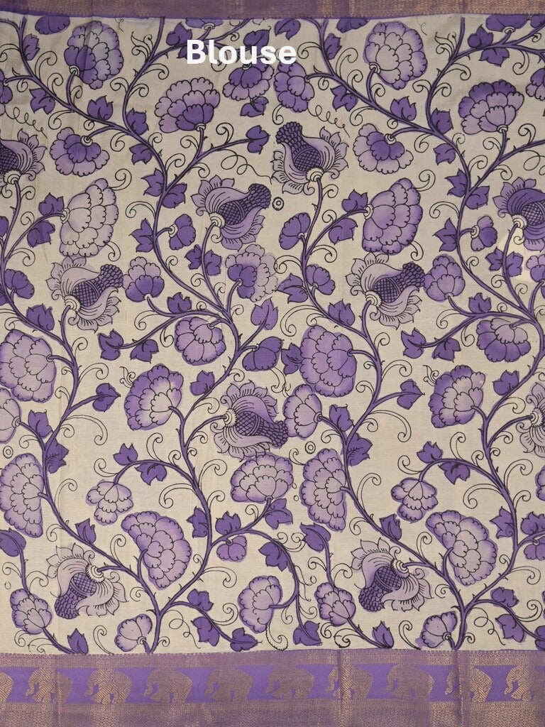 Pen kalamkari pattu navy blue color floral painted saree with contrast zari border and printed pallu & attached blouse