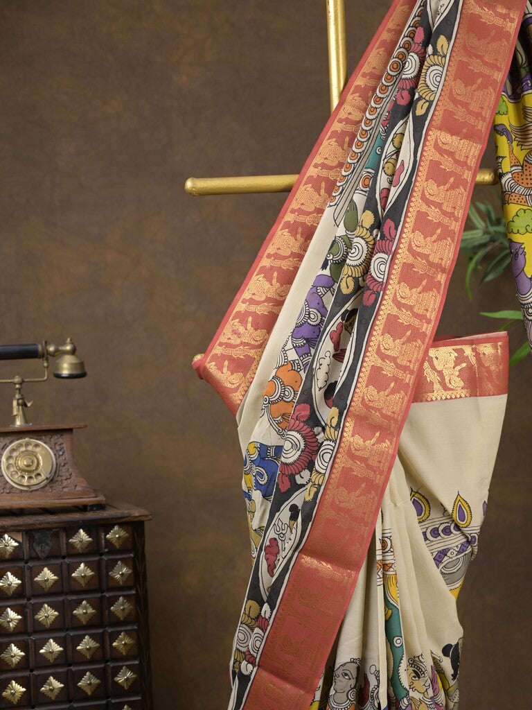 Pen kalamkari pattu cream color floral painted saree with contrast zari border and printed pallu & attached blouse