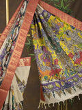 Pen kalamkari pattu cream color floral painted saree with contrast zari border and printed pallu & attached blouse