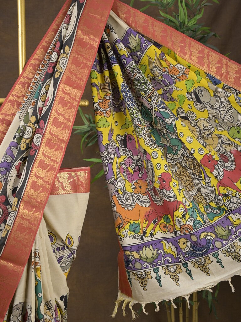 Pen kalamkari pattu cream color floral painted saree with contrast zari border and printed pallu & attached blouse