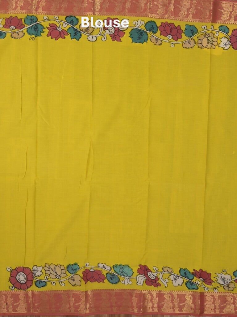 Pen kalamkari pattu cream color floral painted saree with contrast zari border and printed pallu & attached blouse