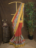 Pen kalamkari pattu orange color floral painted saree with contrast zari border and printed pallu & attached blouse