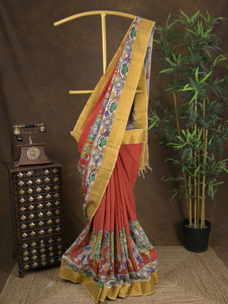 Pen kalamkari pattu orange color floral painted saree with contrast zari border and printed pallu & attached blouse