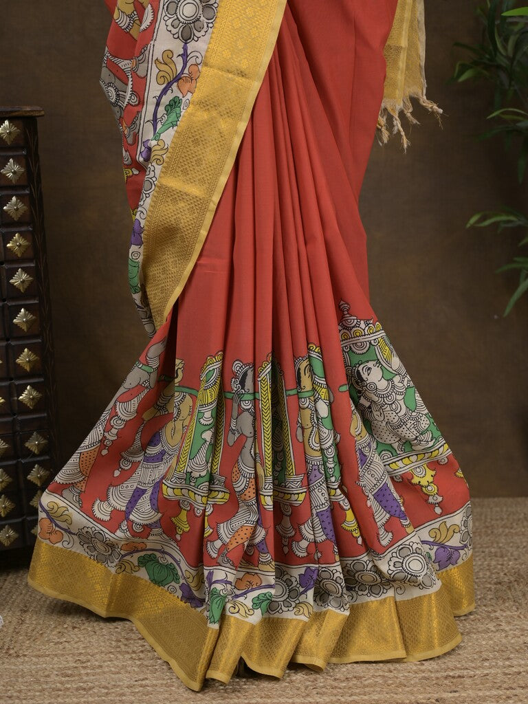 Pen kalamkari pattu orange color floral painted saree with contrast zari border and printed pallu & attached blouse