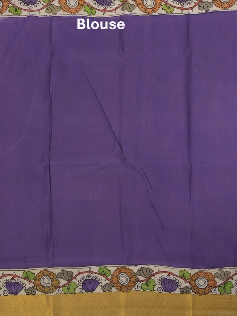 Pen kalamkari pattu orange color floral painted saree with contrast zari border and printed pallu & attached blouse