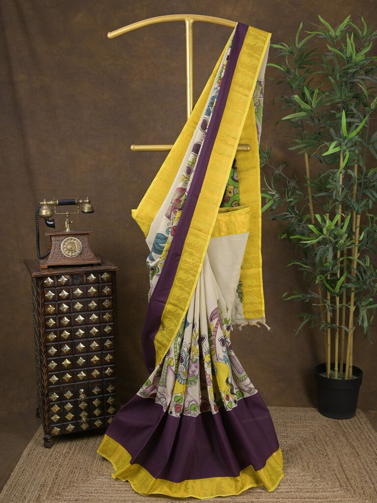 Pen kalamkari pattu cream color floral painted saree with contrast zari border and printed pallu & attached blouse