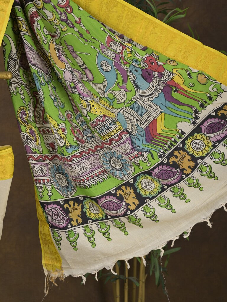 Pen kalamkari pattu cream color floral painted saree with contrast zari border and printed pallu & attached blouse