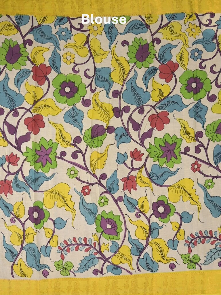 Pen kalamkari pattu cream color floral painted saree with contrast zari border and printed pallu & attached blouse