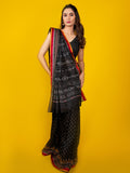 Black color mul cotton one minute saree with allover prints & contrast border and attached printed blouse