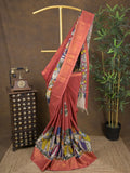 Pen kalamkari pattu maroon color floral painted saree with contrast zari border and printed pallu & attached blouse