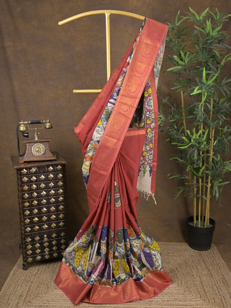 Pen kalamkari pattu maroon color floral painted saree with contrast zari border and printed pallu & attached blouse